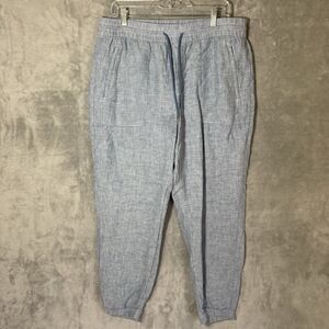 Athleta Retreat 100% Linen Jogger Pants Women 14 Blue Zip Pockets Drawstring